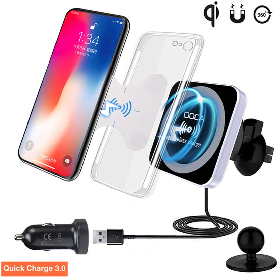 QI Wireless Car Charger with QC3.0 USB Charger, DOCA Magnetic Wireless Car Charger Mount Air Vent Ca